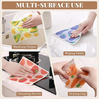 Homaxy Swedish Dishcloths for Kitchen, 6 Pack Vegetable Reusable Paper Towels with Clips, Absorbent Cellulose Sponge Dish Cloths for Washing Dishes, Non-Scratch & Odor-Free Dish Rags