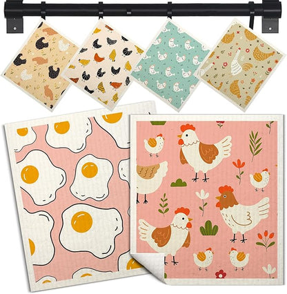 Swedish Dishcloths for Kitchen | 6 Pack Floral Reusable Paper Towels Washable | Swedish Dish Towels | Non-Scratch Cellulose Sponge Cloths | No Odor, Biodegradable Cleaning Cloths, Hen