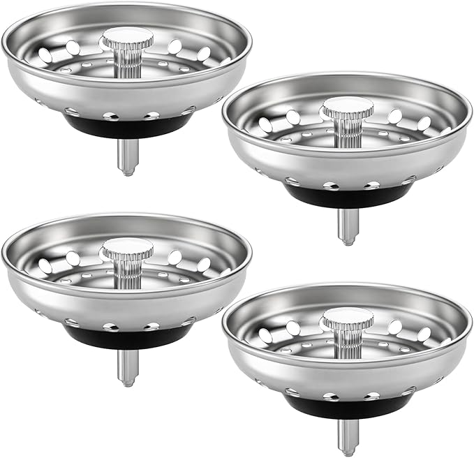 Kingrol 4 Pack Kitchen Sink Strainer Baskets with Removable Rubber Stoppers, Stainless Steel Replacement for Select 3.5" Basket Strainer Drains, Easy Clean, Rust Resistant