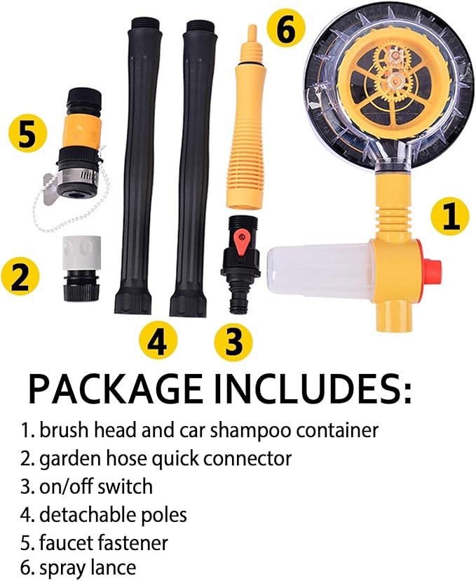 Rotating Car Wash Brush with Soap Dispenser, Automatic Rotary Car Wash Mop Soft Exterior Car Cleaning Brush Kit Garden Hose Flow Through Scrub Brush to Wash Car Truck RV (Long Handle)