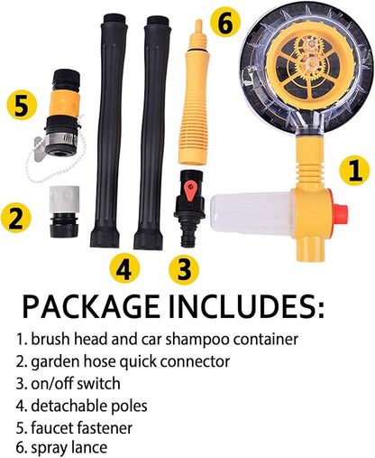 Rotating Car Wash Brush with Soap Dispenser, Automatic Rotary Car Wash Mop Soft Exterior Car Cleaning Brush Kit Garden Hose Flow Through Scrub Brush to Wash Car Truck RV (Long Handle)