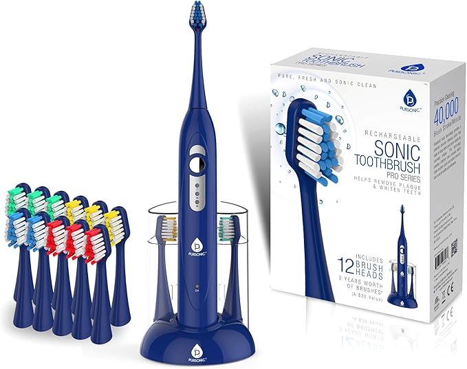 Pursonic S430 Power Rechargeable Sonic Toothbrush: 40,000 Strokes Per Minute, 12 Brush Head Replacements & Toothbrush Set Included - Blue