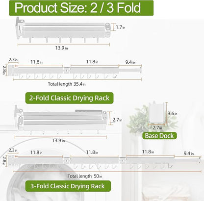 Kelisiting Clothes Drying Rack, Laundry Drying Rack Wall Mounted, [No-Drill & Drilling to Choose] 3-Fold Laundry Drying Racks for Hanging Clothes, Foldable & Sturdy Space Saver for Laundry Room -White