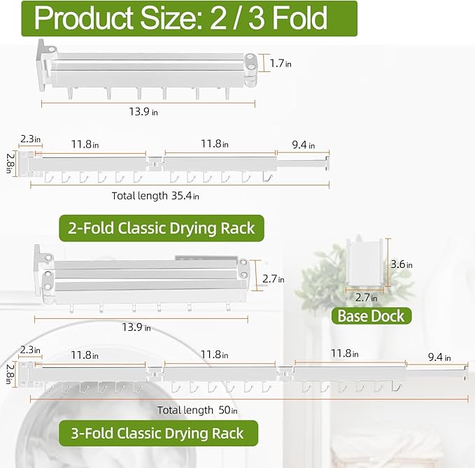 Kelisiting Foldable Clothes Drying Rack, 2 Fold Laundry Drying Rack Wall Mount, [No Drilling] Folding & Durable Space Saver for Laundry, Balcony, Bathroom, Patio, Dormitory, Apartment-White