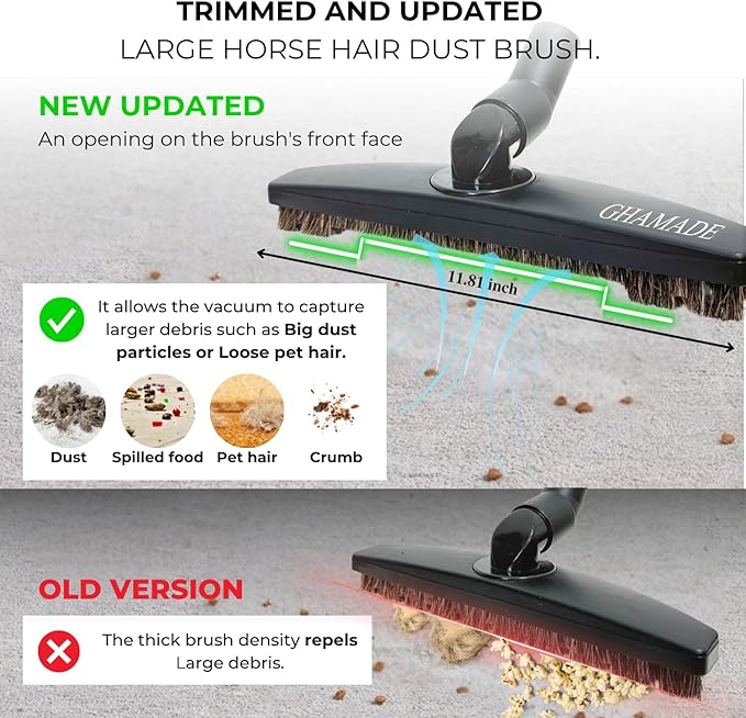Universal Vacuum Attachments Hardfloor Brush and Replacement Accessories for Vacuum Cleaners - Horsehair Hardwood Floor Attachments and Vacuum Hose Adapter Kit - Vacuum Attachments for Car Detailing
