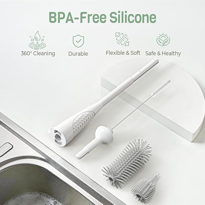 Food-Grade Silicone Cleaning Brush Kit, 6 in 1 Cup Lid Cleaning Brush, Portable Bottle Brush Set, Water Bottle Cleaner for Bottles and Crevices, No Scratch Baby Bottle Brush Tool for Home and Travel