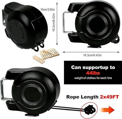 Retractable Clothesline Outdoor - 49 Feet Heavy Duty Dual Clotheslines for Outside Laundry Drying, Wall-Mounted & Portable Installation (Black)