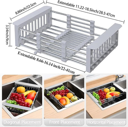 Dish Drying Rack, Adjustable Stainless Steel Drainer Basket Drain Tray for Dishes, Vegetables, and Fruit (Grey)