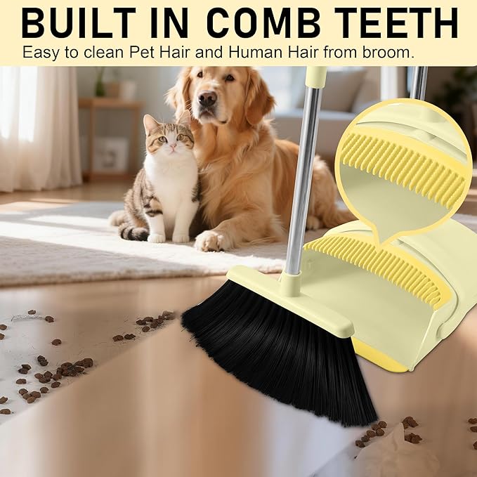 BSKLIN Broom and Dustpan Set House Brooms for Sweeping Indoor Collapsible Broom and Dust Pan Combo for Home Office Kitchen Lobby Floor Pet Hair (Small-Yellow)