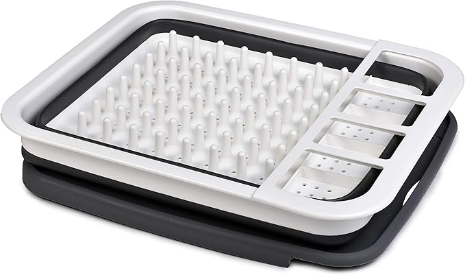 Masirs Pop-Up Collapsible Dish Drying Rack: Convenient Storage, Drains into Sink, Eight Large Plate Capacity, Sectional Cutlery and Utensil Compartment. Compact and Portable Design.