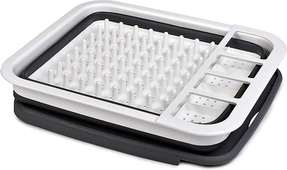 Masirs Pop-Up Collapsible Dish Drying Rack: Convenient Storage, Drains into Sink, Eight Large Plate Capacity, Sectional Cutlery and Utensil Compartment. Compact and Portable Design.