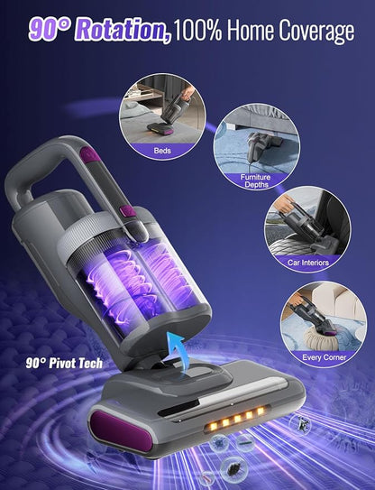 Bed Mattress Vacuum Cleaner New Folding Design - 18 Kpa Cleaner Vacuum with HEPA Filter, 253.7nm UV-C Light and 140°F Heat - Powerful Handheld Vacuums for Bed Couch Crib Carpet