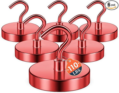 FINDMAG Magnetic Hooks for Cruise Cabins, 110lbs Magnetic Hooks for Hanging Heavy Duty, Cruise Ship Magnets for Grill, Classroom Organization, Strong Fridge Magnets, Office Supplies, 6 Pack, Red