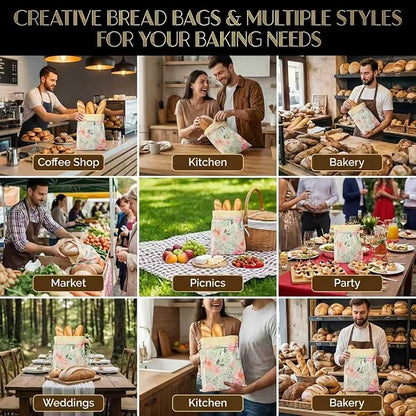 Beeswax Bread Bags, Reusable Food Storage Wraps with Floral and Bee Print Design, 2 Pack (wheat)