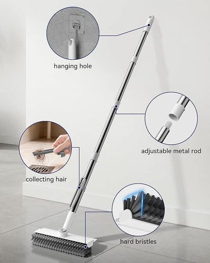 Small Floor Scrub Brush with Length Adjustable Long Handle, 3 in 1 Heavy-Duty Stiff Bristle Scrubber Brush with Squeegee and Tweezer for Cleaning Bathroom, Tile, Deck, Patio, Garage and Kitchen