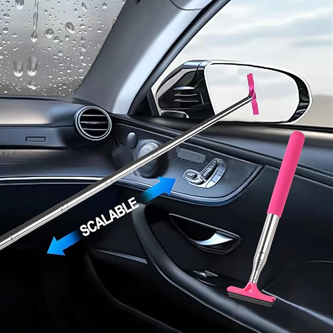 Car Rear View Mirror Wiper, 38.58 In Handle Car Window Squeegee, Retractable Auto Glass Squeegee, Portable Mirror Cleaner Tool for Auto Glass Water Removal Fog Snow (Pink)