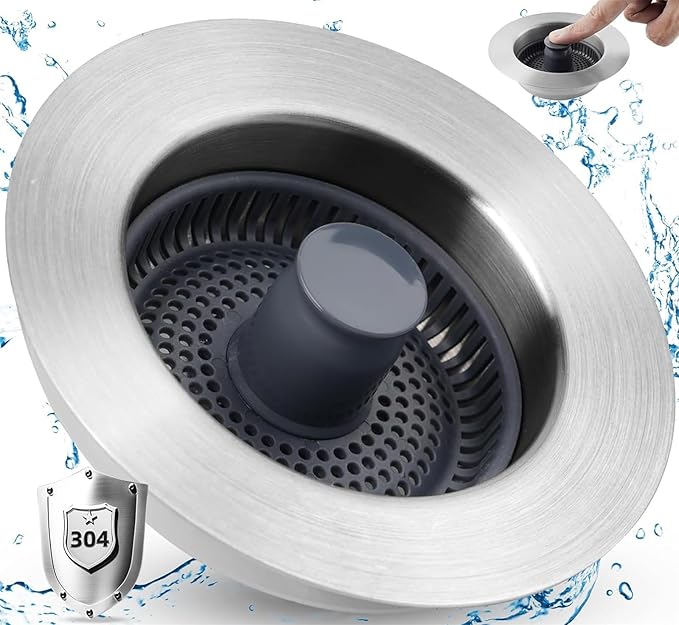 Universal Kitchen Sink Drain Strainer, 3 in 1 Stainless Steel Pop Up Kitchen Sink Stopper Strainer Combo with Handle Rod for US Standard 3-1/2 inch Drain Filter, Anti-Clog