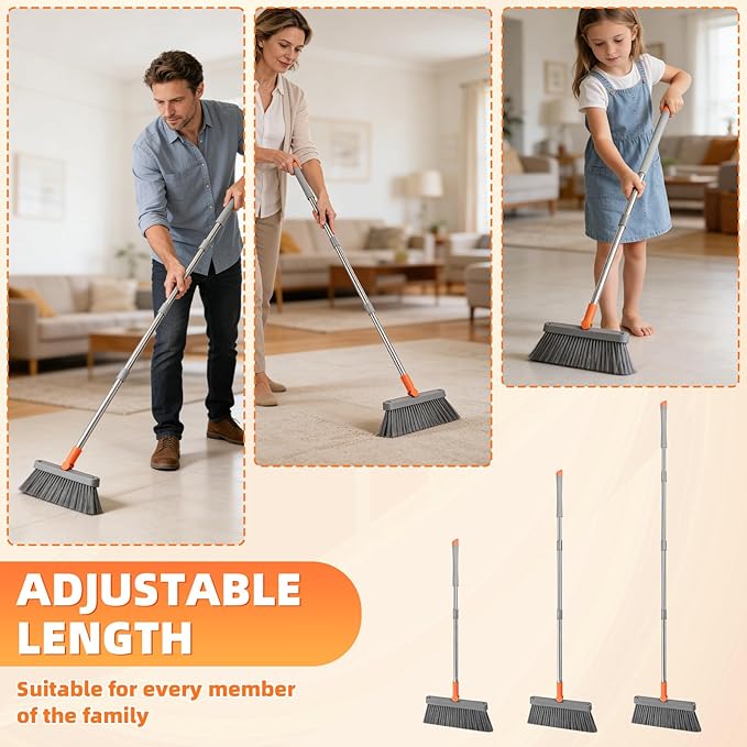 Broom and Dustpan Set, 51 inch Long Adjustable Handle Angle Broom and Dustpan Combo Set with Double Dustpan Teeth to Clean Hair for Home Kitchen Office Lobby Floor Garden, Orange&Grey