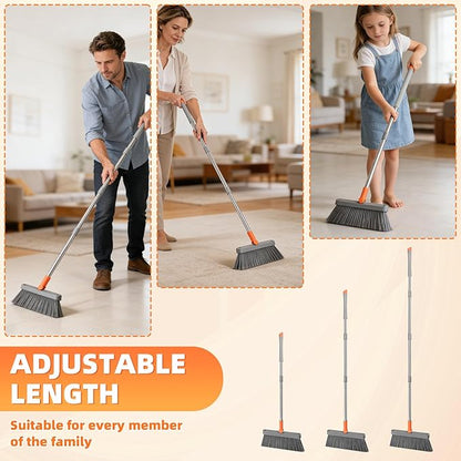 Broom and Dustpan Set, 51 inch Long Adjustable Handle Angle Broom and Dustpan Combo Set with Double Dustpan Teeth to Clean Hair for Home Kitchen Office Lobby Floor Garden, Orange&Grey