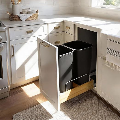 Double Pull Out Trash Can Under Cabinet, Extra Large Dual 48 Qt Bins with Wood Frame, Min Opening Width of 15.5" - Pull Out Garbage Can for Kitchen Cabinet with Soft-Close Slide Out Trash Can Cabinet