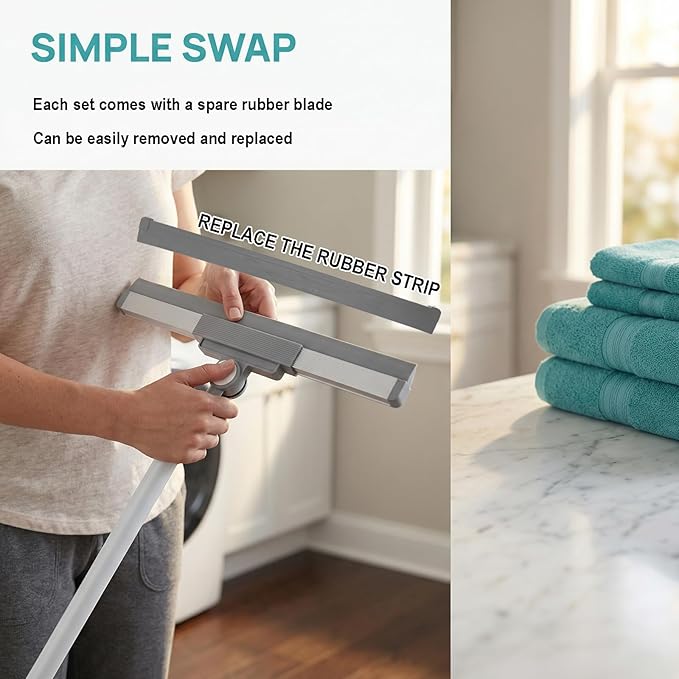 Floor Squeegee Broom - 52" Long Handle Rubber Scrubber for Bathroom, Tile, Shower, Glass, Pet Hair, Hardwood Floor - Adjustable Long Handle, Water Wiper with Replacement Blade (White)