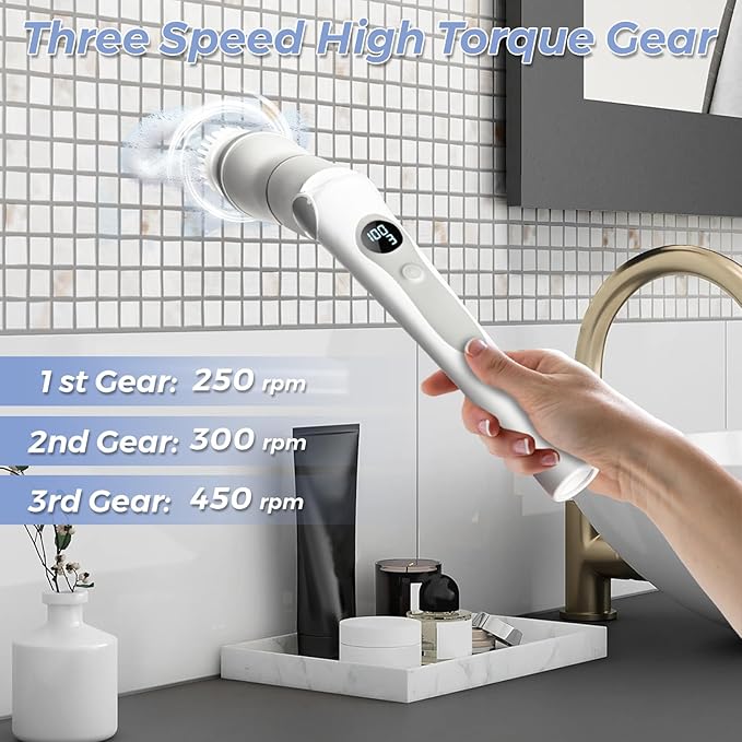 Joyzan Electric Spin Scrubber, Cordless Cleaning Shower Brush 8 Cleaner Heads LCD Display 3 Speeds Adjustable Extension Handle IPX7 Waterproof Bathroom Bathtub Glass Car Tub Tile Floor Wall Cleaning