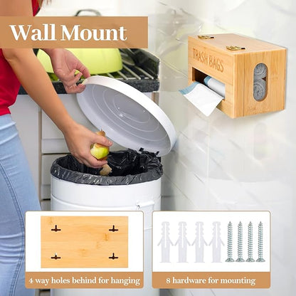 Trash Bag Holder Dispenser - Bamboo Garbage Bag Organizer Wall Mount for Kitchen Cabinet, Extra Large Hanging Trash Bag Roll Storage Container with Lid under Sink