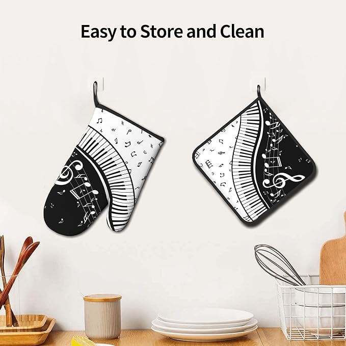 Oven Mitt and Pot Holders Sets - Music Kitchen Mitts Black White Piano Oven Gloves Hot Pads Set of 2 for Cooking BBQ Baking Grilling