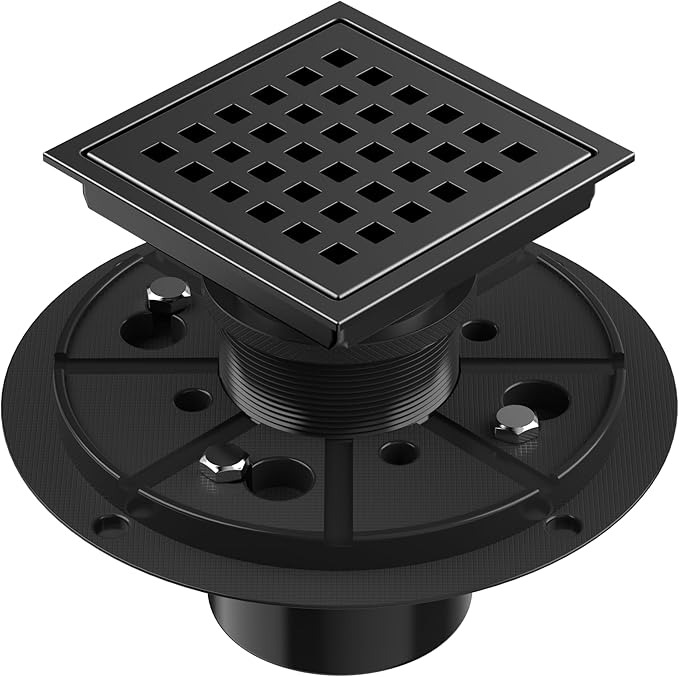 EXF Square Shower Drain 4-3/8 Inch Matte Black, Stainless Steel Shower Floor Drain Kit with ABS Flange, Removable Cover Grid Grate, Hair Strainer