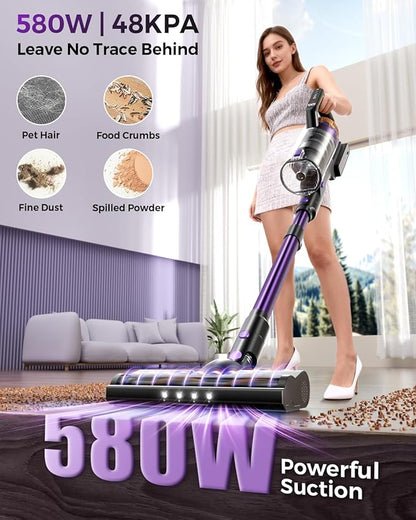 Cordless Vacuum Cleaner, 580W/48Kpa Vacuum Cleaners with 65 Min Runtime, Lightweight Wireless Vacuum with LED Headlights/Screen, wall mount, Removable Handheld Vacuum for Pet Hair/Carpets/Floors/Sofa