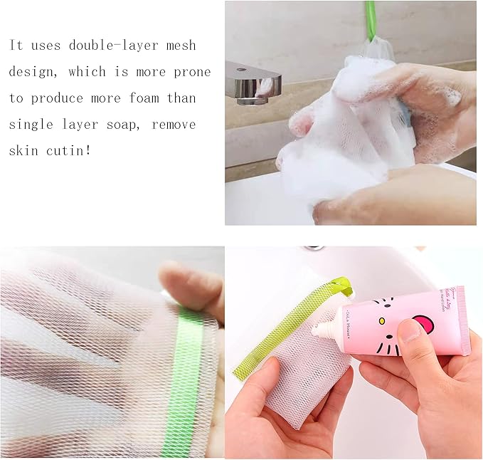 40PCS Exfoliating Soap Mesh Saver Pouch Bag and 3 PCS Transparent Hook and 5 PCS Transparent Spring Cord Plastic Lock for Shower Face Washing,Easy to Bubble and Store Small Soap