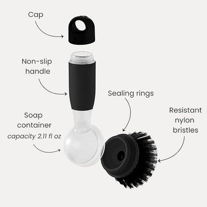 Vigar Rengo Dish Brush with Soap Dispenser - Dish Scrubber with Handle, Kitchen Scrub Brush for Dishes, Sink Cleaning Brush, Soap Dispensing Dish Wand with Nylon Bristles, Non Scratch - Black