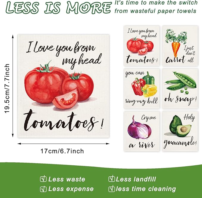 Whaline 6 Pcs Vegetable Swedish Dishcloths Colorful Vegetable Dish Towel Reusable Cotton Kitchen Towels for Christmas Autumn Harvest Baking Cooking Home Kitchen Bathroom Decor, 6.7 x 7.7Inch