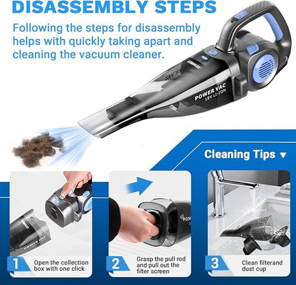 DEKOPRO 22V Upgraded Handheld Vacuum – Cordless & Rechargeable Car Vacuum Cleaner with LED Light, Strong Suction Mini Vacuum for Pet Hair & Dust, Includes Multi Nozzles for Wet/Dry Cleaning