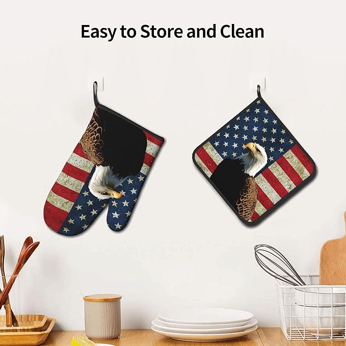 Patriots Oven Mitts - Rustic American Flag Kitchen Mitts Pot Holders Patriotic Hot Mitts 4th of July Hot Pads Sets of 2 for Cooking Baking Grilling