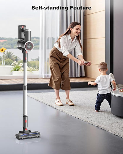 Cordless Vacuum Cleaner, Stick Vacuum Rechargeable, 550W 45KPA Powerful Suction Lightweight Vacuum Cleaners for Home, Anti-Tangle, Self Standing for Pet Hair Hardwood Floor Carpet - Sliver