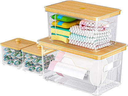 4 Pack Trash Bag Holder with Bamboo Lid, Stackable Garbage Bag Dispenser Under Sink, Storage Organizer for Kitchen, Laundry, Pantry (S+S+M+L)