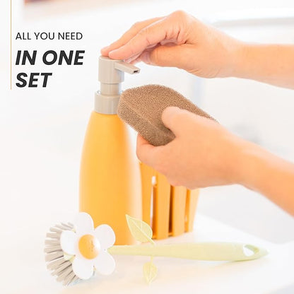 Vigar Florganic Kitchen Sink Caddy Set with Dish Soap Dispenser - Sponge Holder, Decorative Flower Dish Brush & Sponge, Kitchen Sink Organizer, Brush Holder and Soap Caddy for Countertop - Orange