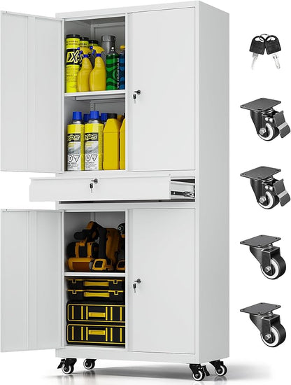 73" Metal Garage Storage Cabinet with Wheels， Rolling Tool Storage with Locking Doors， Adjustable Shelves and Drawer, Heavy Duty Steel Tool Cabinet for Garage, Warehouse, School(White)