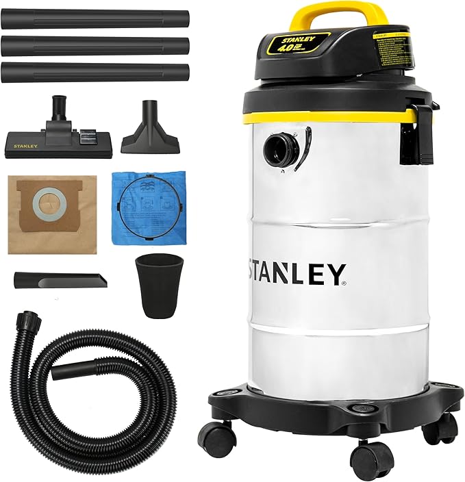 STANLEY Shop Vacuum Wet/Dry, 5 Gallon, 4 Horsepower, Stainless Steel Wet/Dry Vac Silver+Yellow+Black