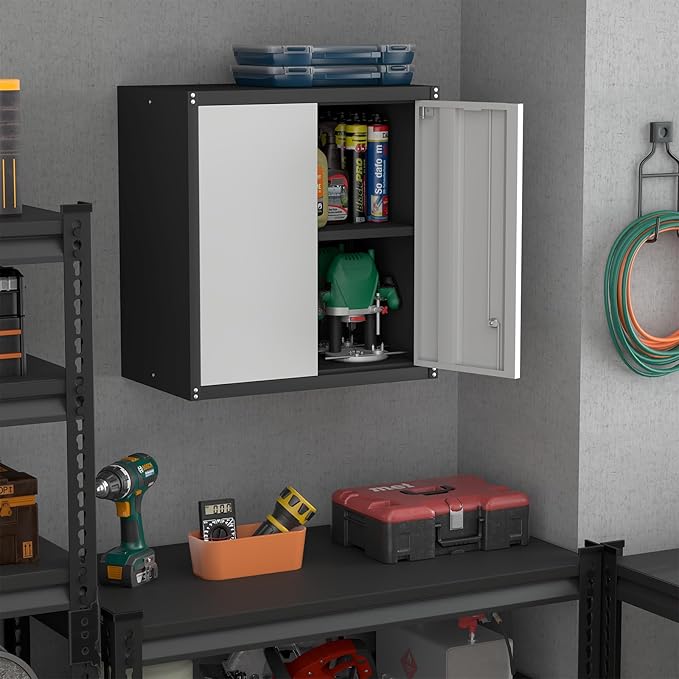 Garage Storage Cabinet,Locking Wall Cabinet with Adjustable Shelf,Wall Cabinets for Basement,Shop,School,Grey-Black