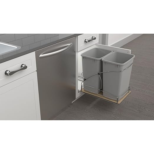 Rev-A-Shelf 35 Qt / 8.75 Gal Steel Bottom Mount Double Pullout Waste Container w/Soft-Close for Base Cabinets, Min Opening Width of 14.5", Silver, 54WC-1835SC-17-1