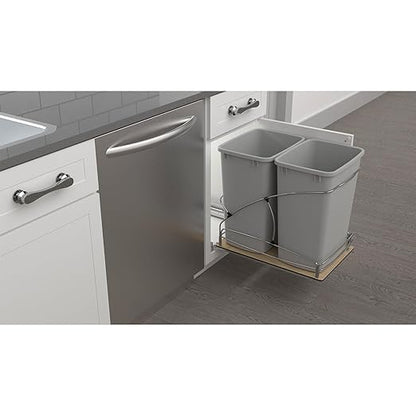 Rev-A-Shelf 35 Qt / 8.75 Gal Steel Bottom Mount Double Pullout Waste Container w/Soft-Close for Base Cabinets, Min Opening Width of 14.5", Silver, 54WC-1835SC-17-1