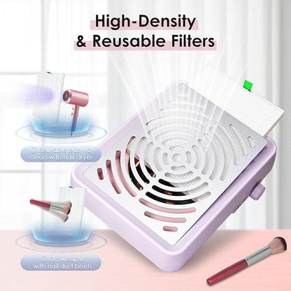 Nail Dust Collector with Lamp&50pcs Disposable Filter&Dusting Brush, Electric Nail Vacuum Cleaner Dust Fan Suction Machine for Manicure Acrylic Gel Nails Polishing, Low Noise, Salon Home