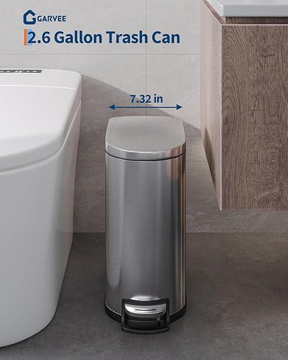 Garvee 2.6 Gallon / 10L Slim Stainless Steel Bathroom Trash Can with Lid, Step-On Pedal, Soft Close, Inner Bucket, Waterproof Small Garbage Bin for Bedroom, Silver