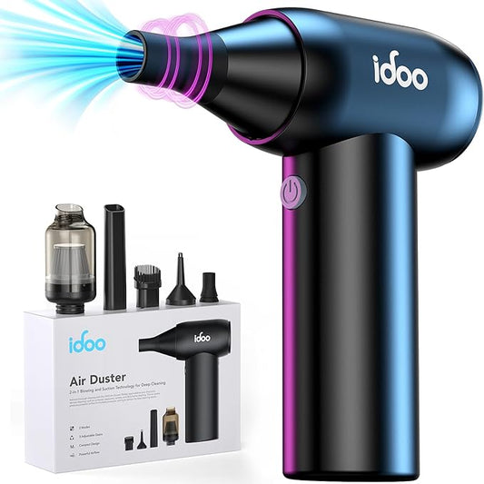 iDOO Compressed Air Duster, Cordless Electric Canned Duster, Portable Vacuum, 3 Gear Mini Portable Jet Dry Air Blower, for Gaming Pc, Keyboard, Car Cleaning, Outdoors-Dust Blowing & Vacuuming(Black)