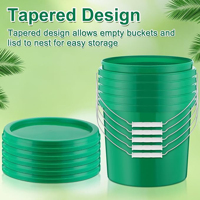 Tioncy 24 Pcs 2 Gallon Plastic Bucket with Lid Heavy Duty 2 Gallon Bucket Pail with Lid Handle for Storage Container Home Household Cleaning (Green)