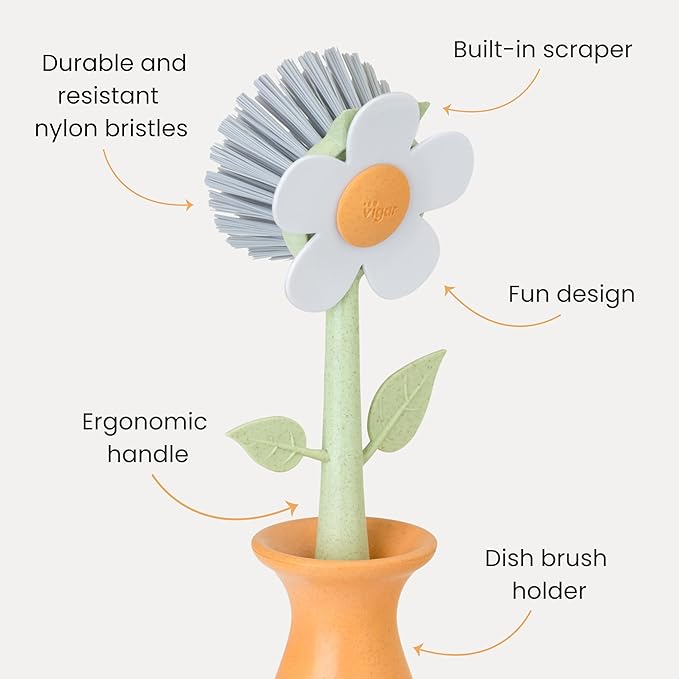 Vigar Florganic Dish Brush with Holder - Dish Scrubber with Handle for Dishes, Kitchen Sink Cleaning Brush, Pot Scrubber, Kitchen Scrub Brush, Dishwashing Brush Tool for Sink Cleaning - Orange