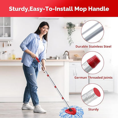 O-Cedar Spin Mop Head, Base, Handle Replacement for RinseClean 2 Tank System, 4 Microfiber Mop Refills, 1 Base and 30-58in Handle Set Combo, Blue, for Wood, Tile, Laminate, Marble
