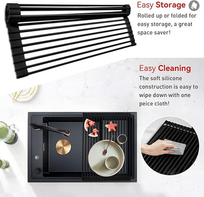 MERRYBOX Roll Up Over The Sink Dish Drying Rack Silicone Wrapped Foldable, Heat-Resistant, Anti-Slip Sink Rack Multipurpose Dish Drainer for Kitchen Sink Counter - Black, 17.5" x 11"
